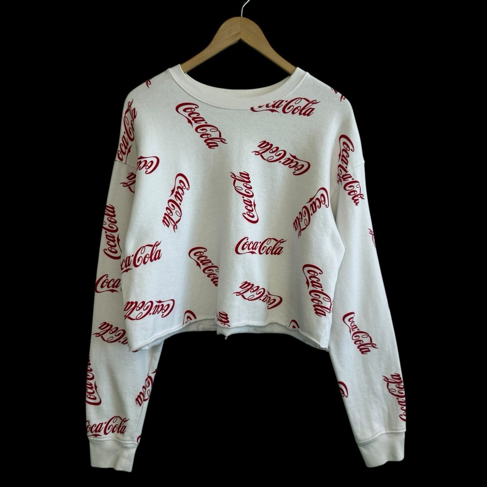 Coca Cola Spellout Long Sleeve Cropped Red White Pullover Sweatshirt XXL #401
